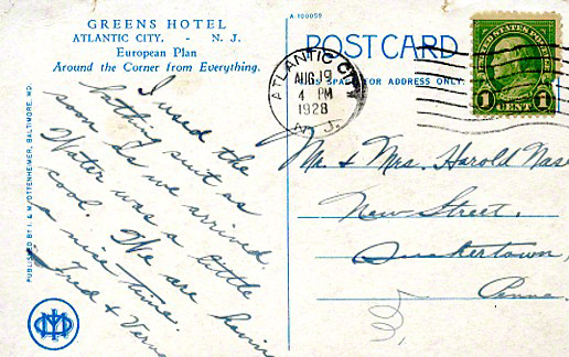 Click for my Online Gallery of Summer Dream, Ocotillo Sunset postcardgreensatlanticcityreverse1928augustenh01